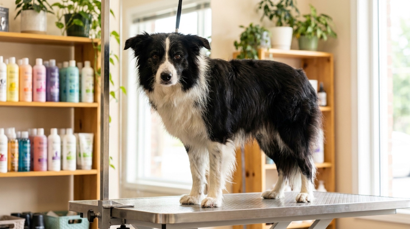A rough coat black and white Border Collie standing on a grooming table after a bath and blow-out in a professional salon