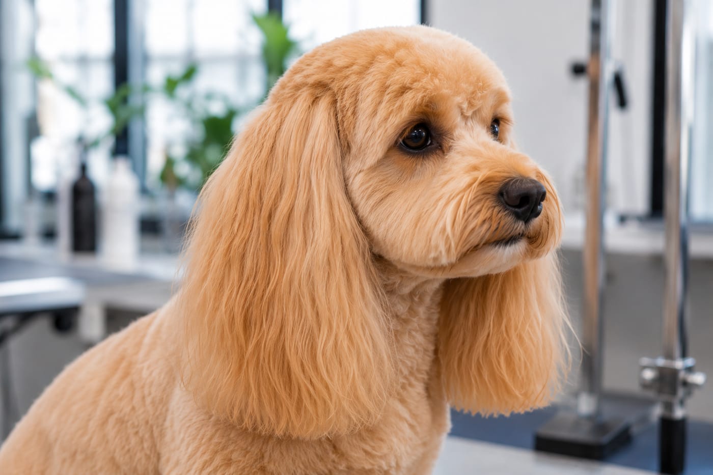 Close-up in profile of a cavapoo with long full Cavalier style ear feathering hanging below the jaw against a shorter body coat