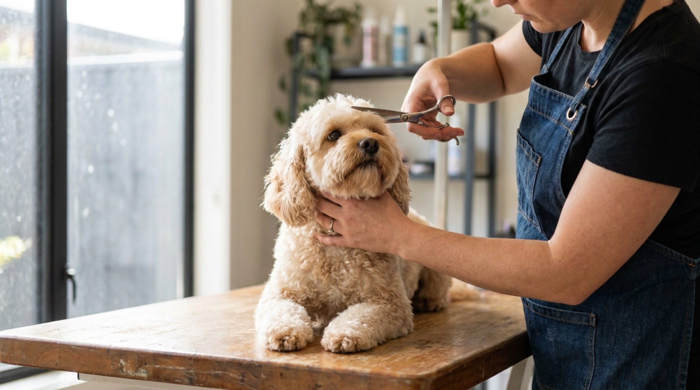 A groomer steadying a cream cavapoo on a grooming table and trimming the hair above its eyes with rounded tip scissors