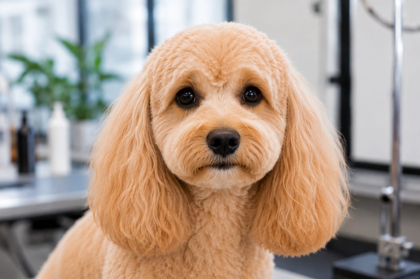 Close-up of a cavapoo facing the camera with a softly rounded scissored face, a short muzzle and clear eyes