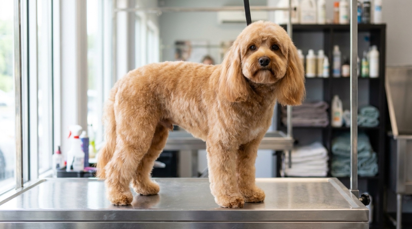 An apricot cavapoo freshly groomed in a teddy bear cut standing on a grooming table in a professional salon