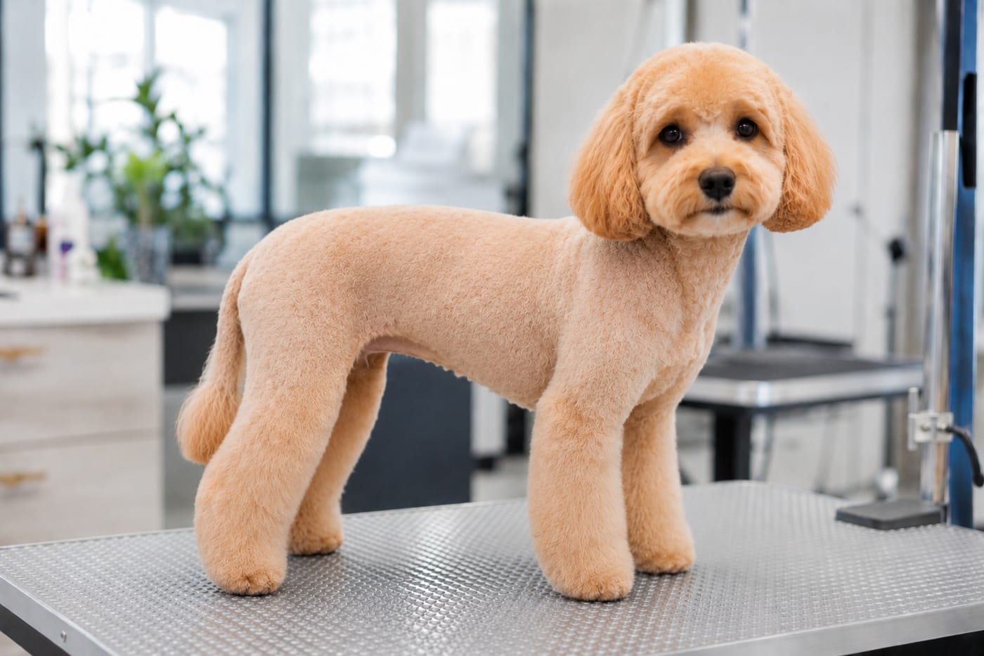 The same cavapoo in a lamb cut, body clipped close with the legs left fuller and scissored into straight columns