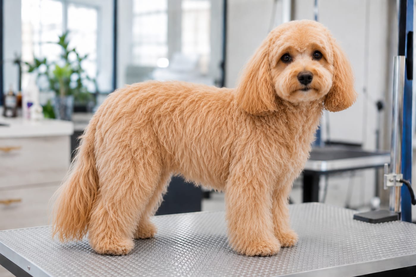 The same cavapoo in a long natural coat, two to three inches of loose apricot wave with full feathering on the legs and tail