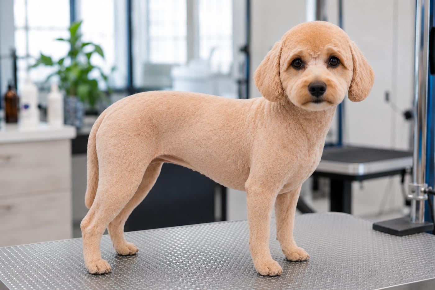 The same cavapoo after a full reset, clipped evenly to about a quarter inch over the whole body