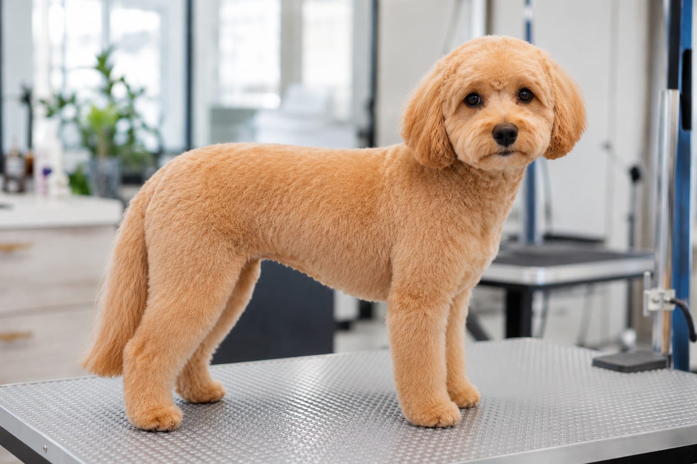 The same cavapoo in a puppy cut, an even half inch over the body, legs and face, tidy rather than sculpted