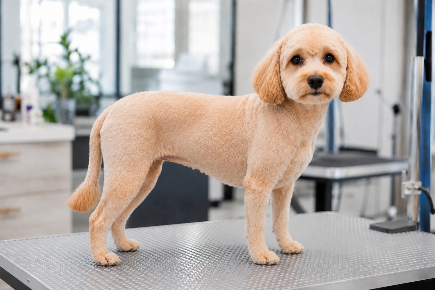 The same cavapoo in a summer cut, clipped to around three eighths of an inch with the wave flattened and the body outline visible