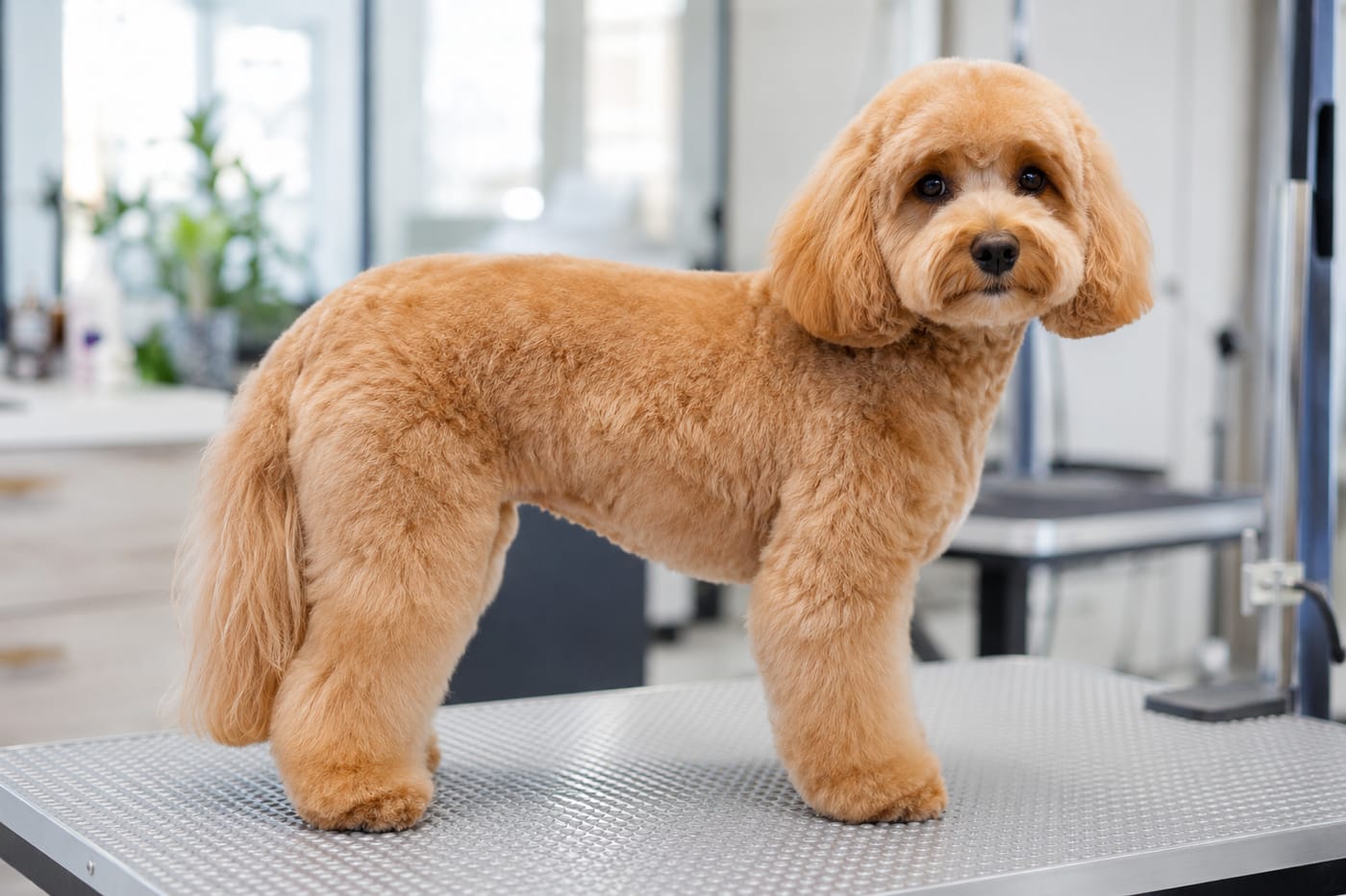 An apricot cavapoo in a teddy bear cut, about three quarters of an inch of coat over the body with a hand scissored round face and full rounded ears