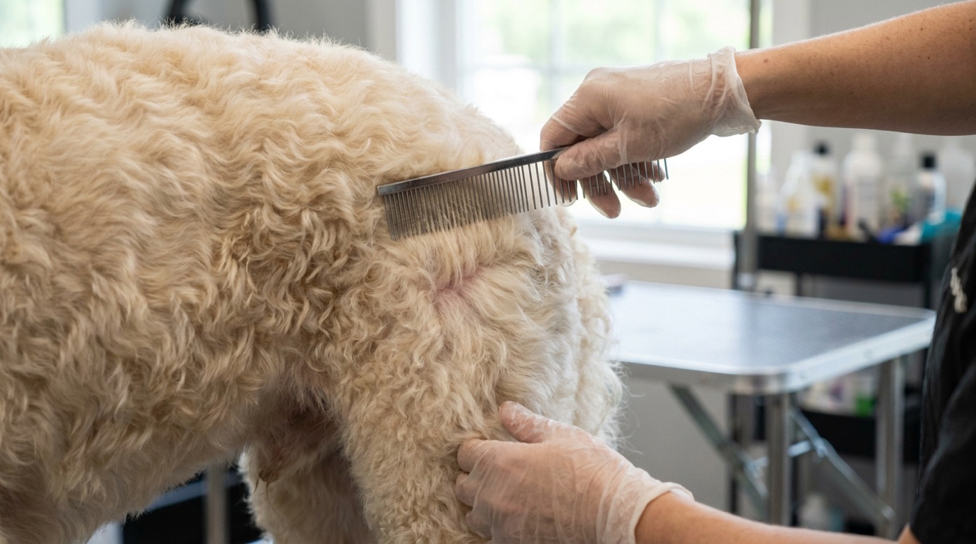 A groomer parting the coat of a cream doodle with a steel comb to show the dense wavy texture down at the skin