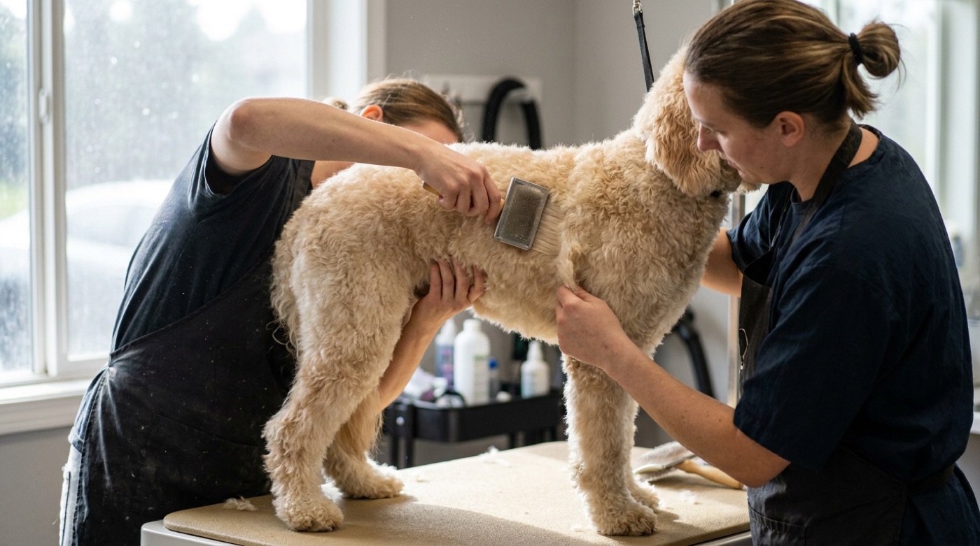 A groomer line brushing a cream goldendoodle, holding back a parted section of coat so the slicker brush reaches the skin