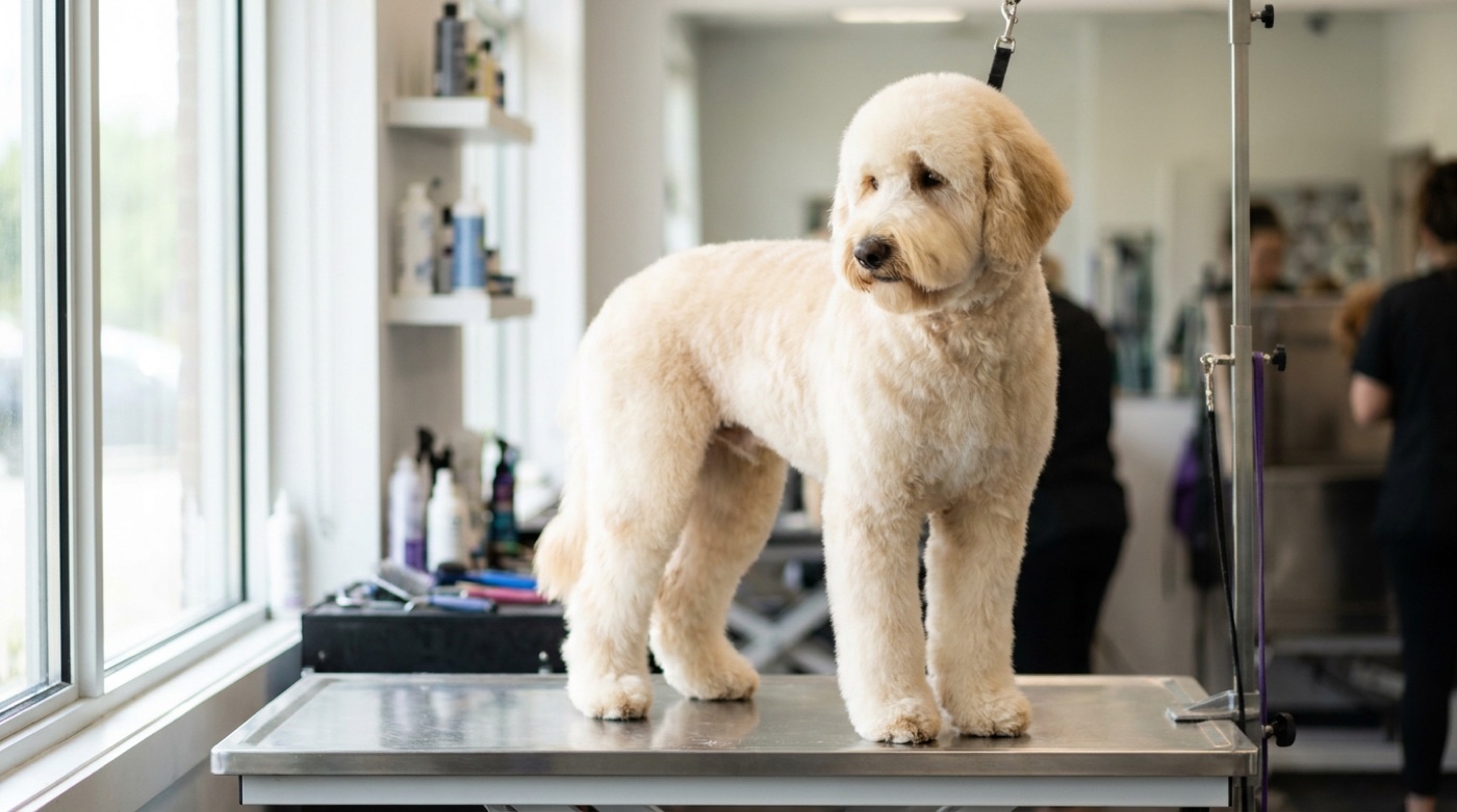 A cream goldendoodle freshly finished in a teddy bear cut standing on a grooming table in a professional salon