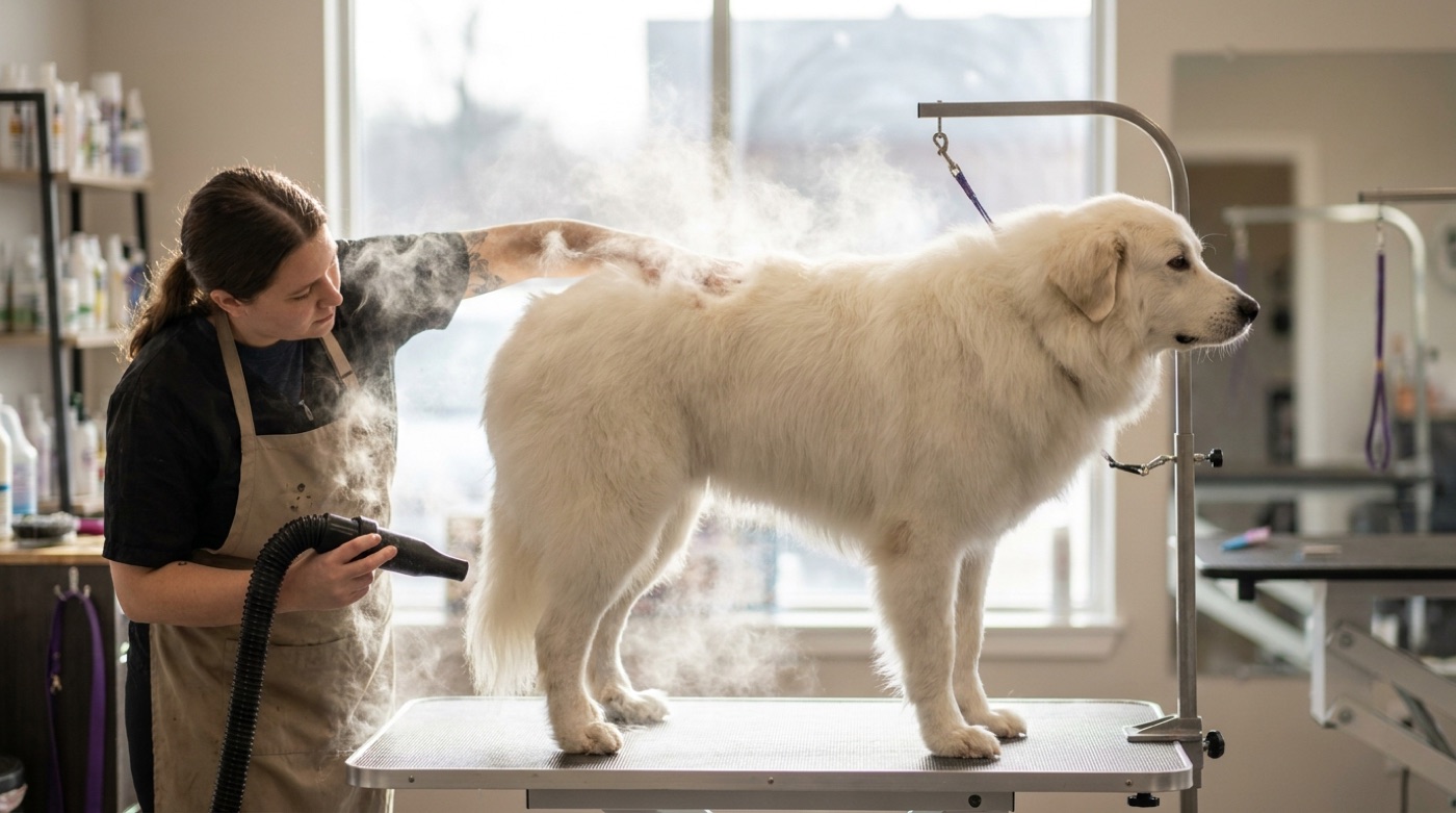 A groomer using a high-velocity dryer on a Great Pyrenees, blowing a wave of loose white undercoat out of the dense coat