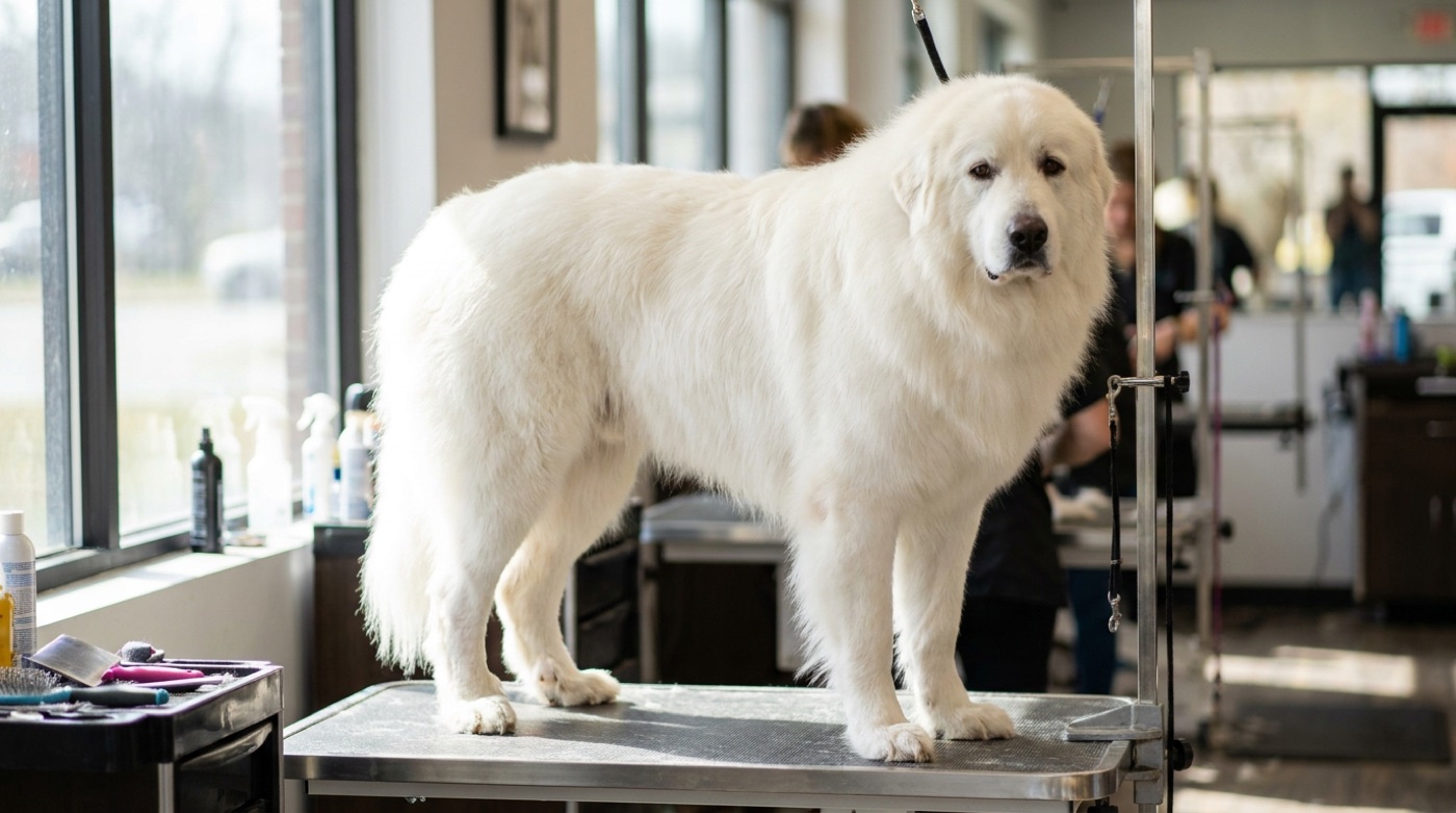 A freshly groomed Great Pyrenees with a full white double coat standing beside a grooming table in a professional salon