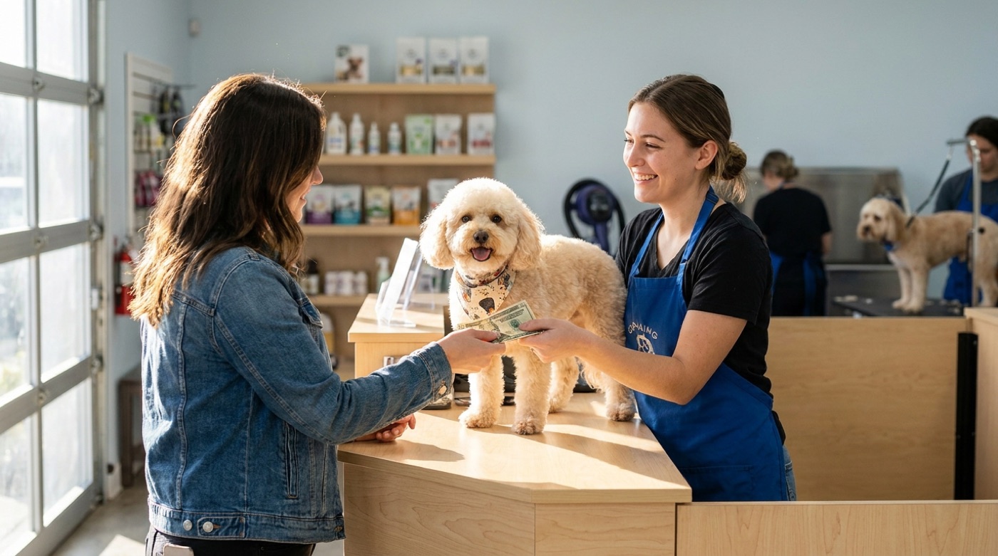 A dog owner handing a cash tip to a groomer at the counter of a grooming salon while picking up a freshly groomed dog