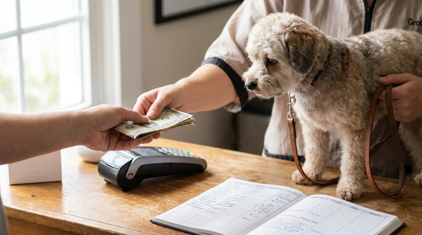 A groomer receiving a cash tip at the salon front desk while holding the leash of a freshly groomed dog