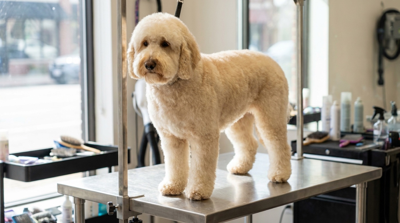 A cream labradoodle freshly groomed in a teddy bear cut standing on a grooming table in a professional salon