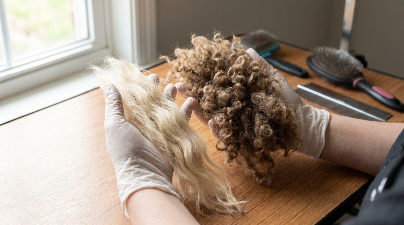 A groomer comparing a straighter hair type section of labradoodle coat against a dense curly wool type section