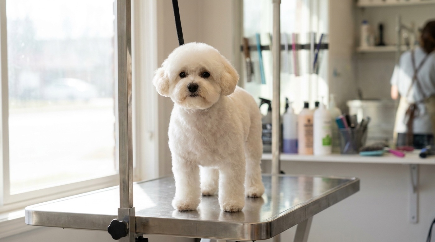 A white maltipoo freshly finished in a teddy bear cut standing on a grooming table in a professional salon