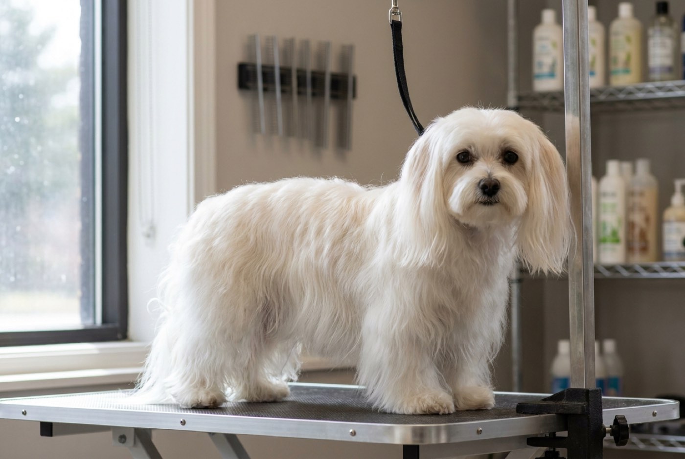 A white maltipoo in a long flowing coat, soft silky hair falling down both sides of the body past the belly, with long silky ears