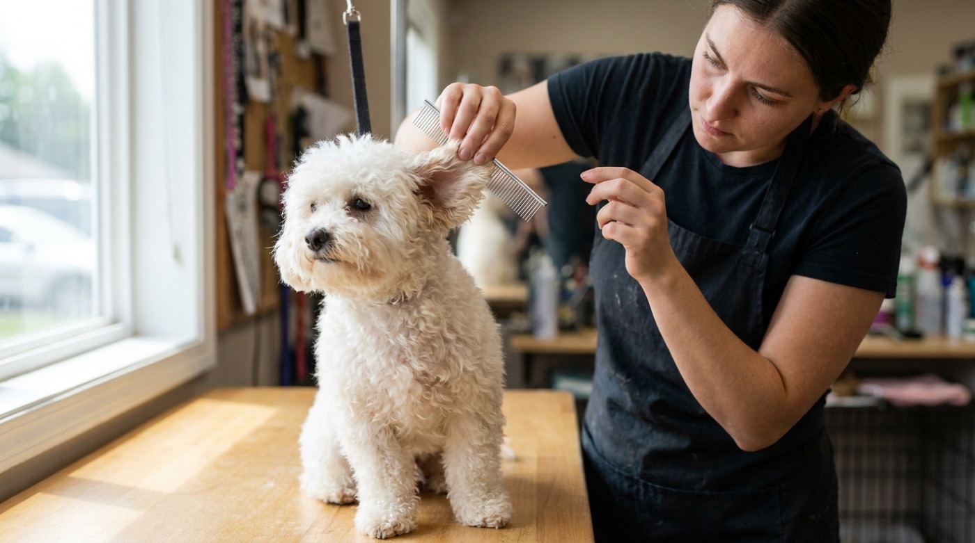 A groomer combing through the coat of a small white maltipoo with a steel comb, checking behind the ear where mats form