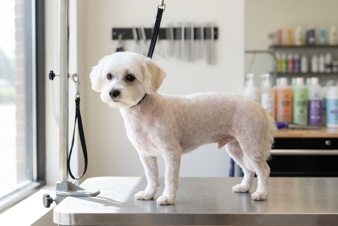 A white maltipoo after a reset cut, the body clipped very short so the skin shows faintly through the coat, the head left a little longer