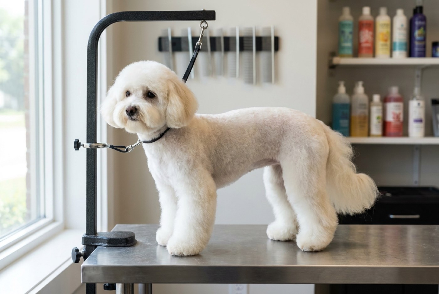 A white maltipoo in a Town and Country cut, a slim velvet short body with fluffy rounded legs and a full round face