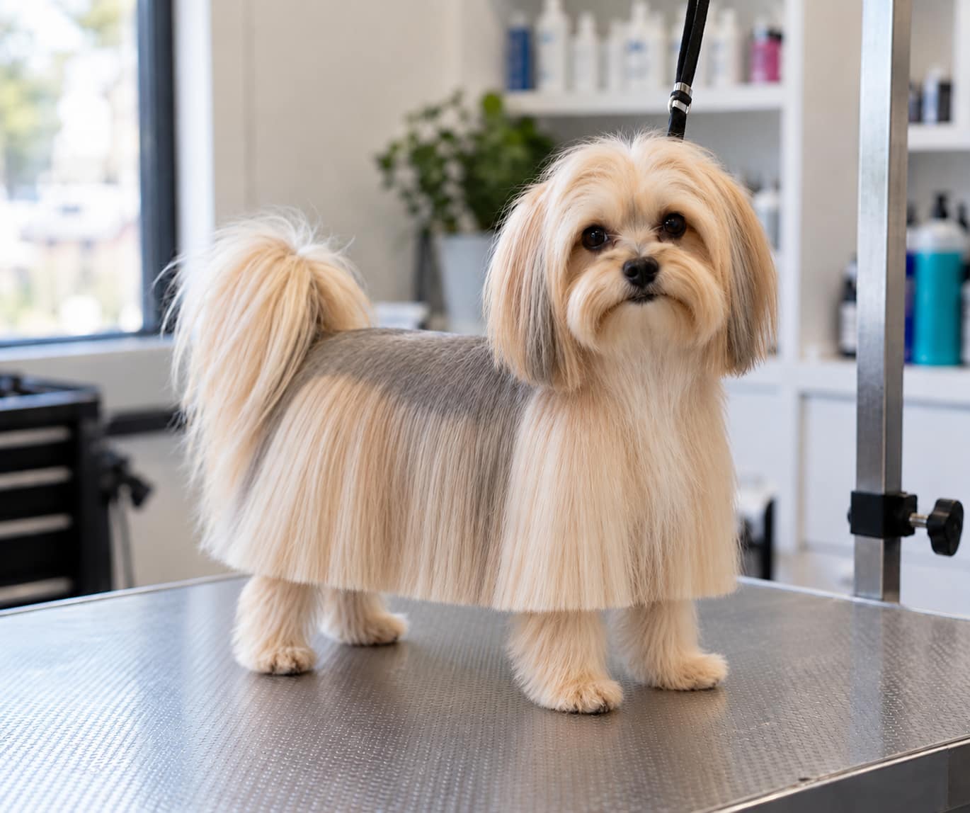 A golden tan morkie in a bob cut, a short smooth back over a long silky skirt scissored into one straight level hemline, the lower legs and feet showing below it