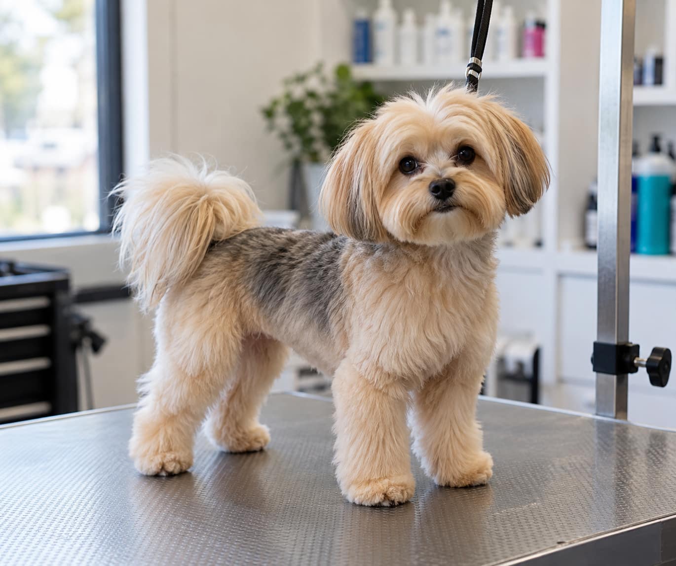 A golden tan morkie with silver shading on the back, freshly finished in a teddy bear cut and standing on a grooming table in a professional salon