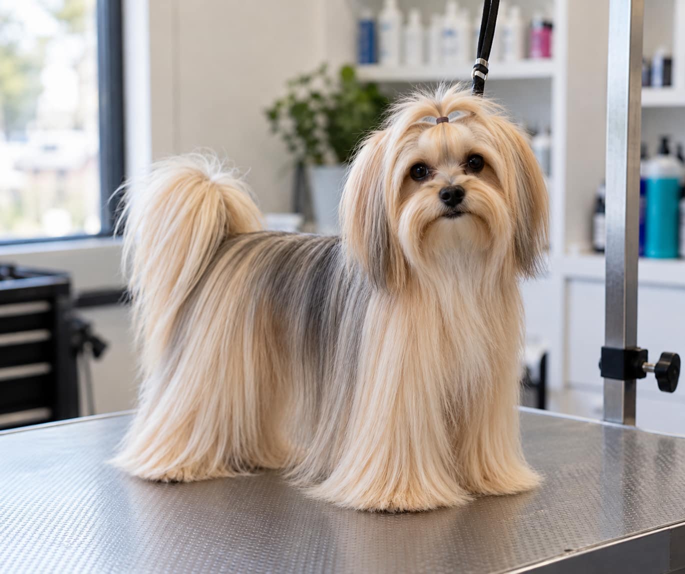 A golden tan morkie in a long silky coat, straight fine hair falling down both sides of the body to the grooming table, the hair above the eyes banded into a small topknot
