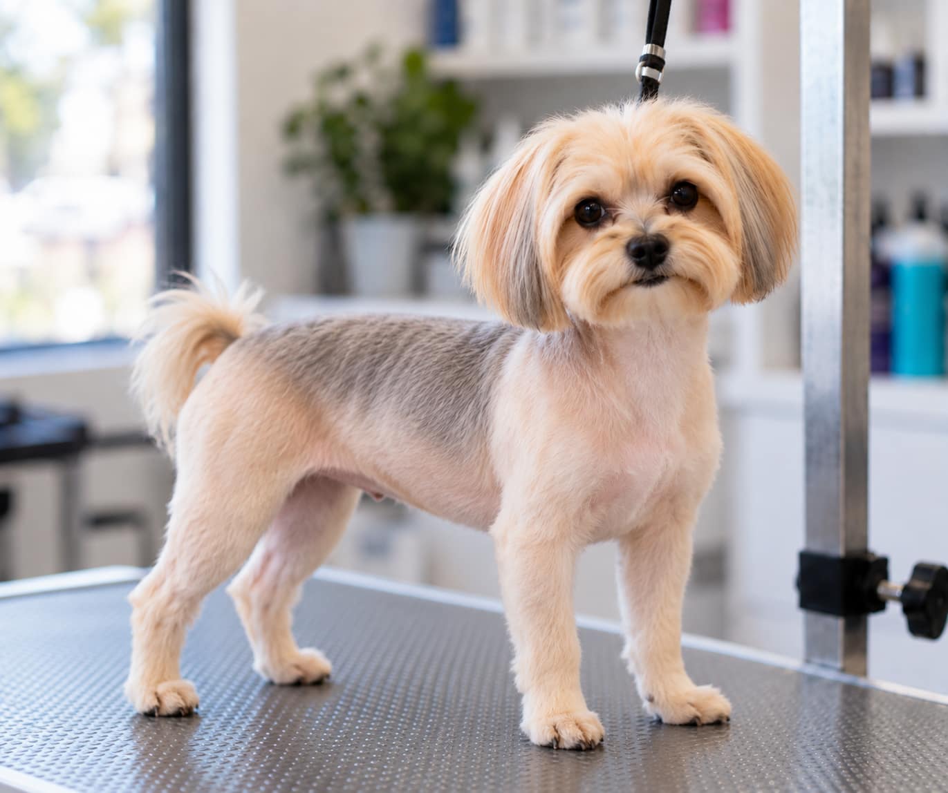 A golden tan morkie after a reset cut, the body and legs clipped very short so the skin shows faintly through the coat, the head and ears left a little longer