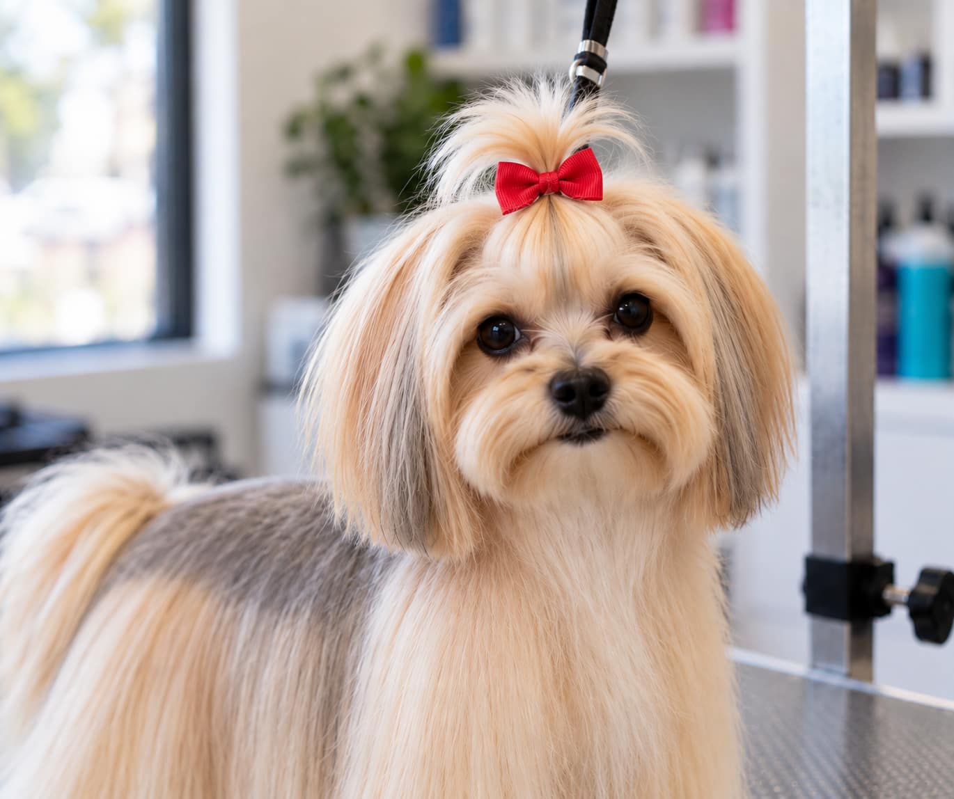 Close portrait of a golden tan morkie with a topknot, the long hair on top of the head banded up and tied with a small red bow, long silky ears framing the face