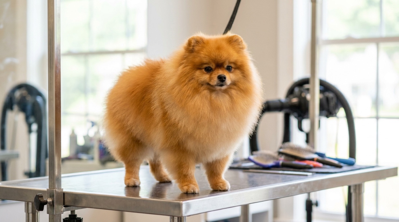 An orange pomeranian with its coat fully intact, freshly deshedded and fluff dried, standing on a grooming table in a professional salon