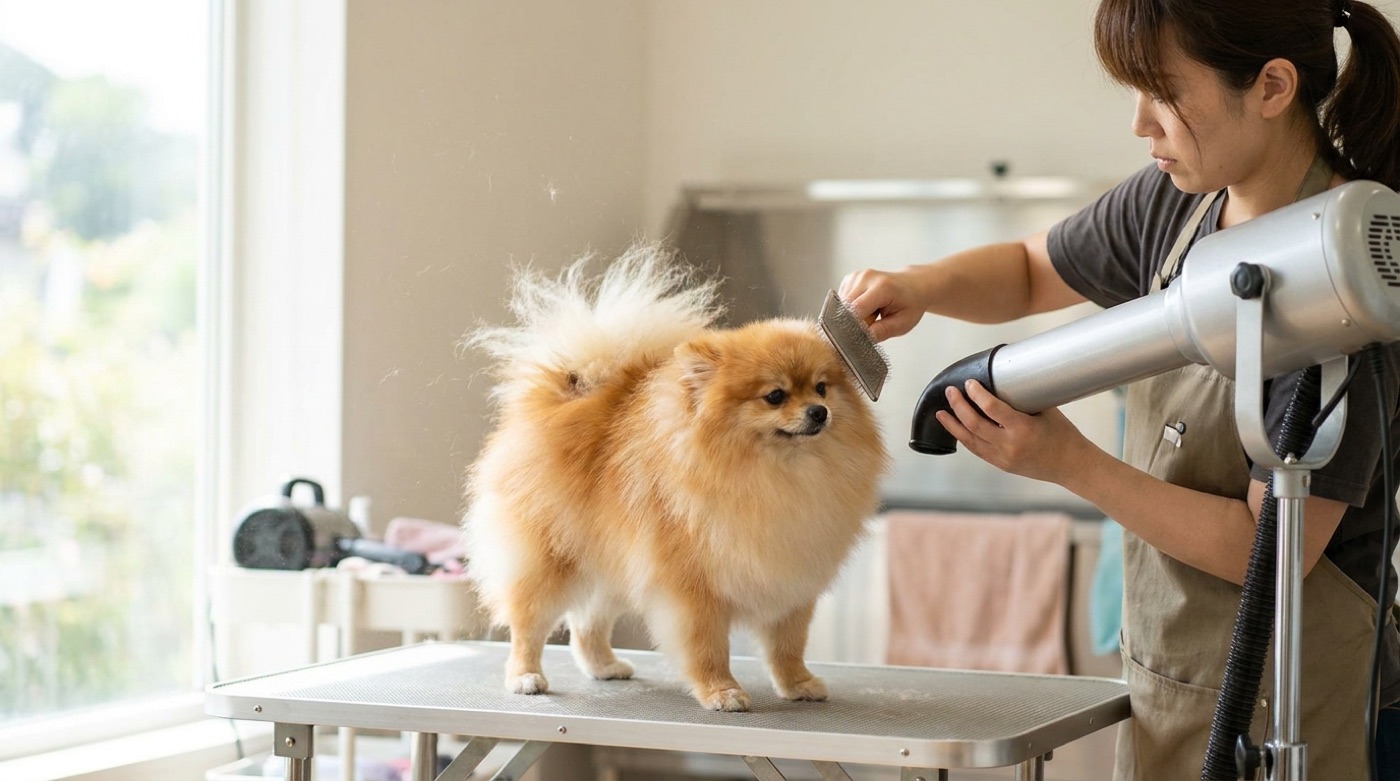 A groomer fluff drying a pomeranian with a high velocity dryer and a slicker brush, the double coat lifting off the body