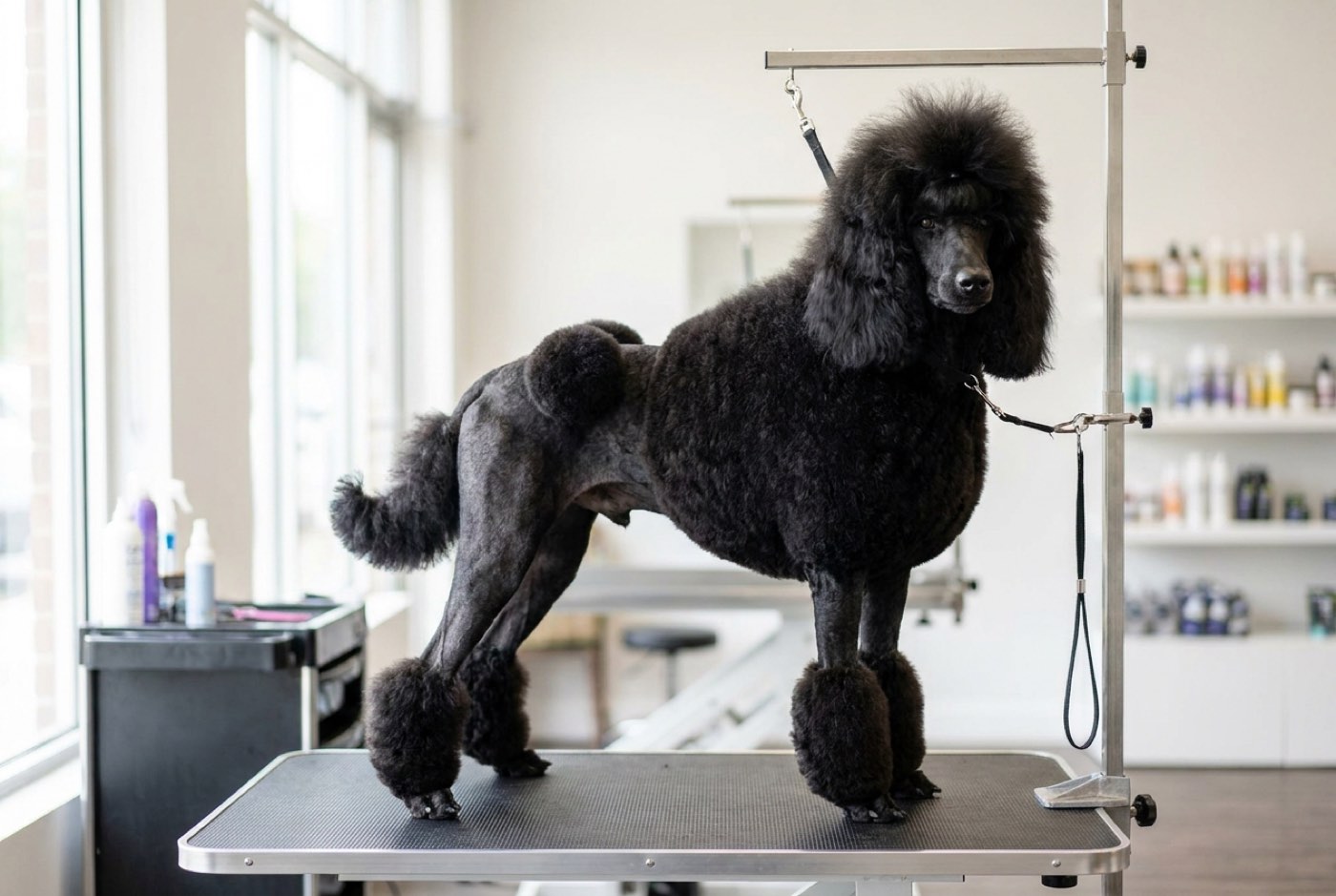 A black standard poodle in a Continental show clip with a full mane over the chest, shaved hindquarters with a hip rosette and pompon bracelets on the legs