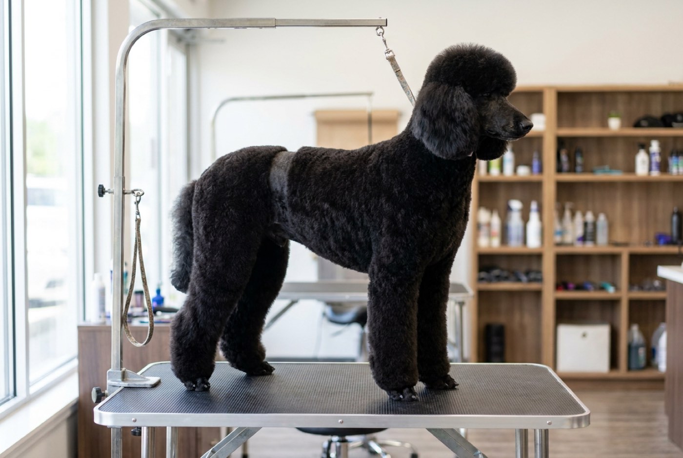 A black standard poodle in a Dutch clip with a shaved band around the waist and full plush leg columns