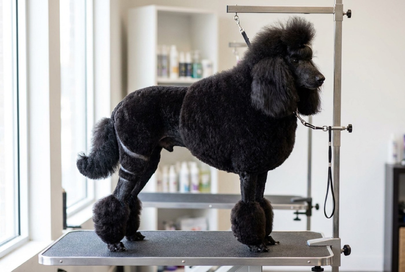 A black standard poodle in an English Saddle show clip with a full mane, a short scissored saddle over the hindquarters and shaved bands dividing the back legs