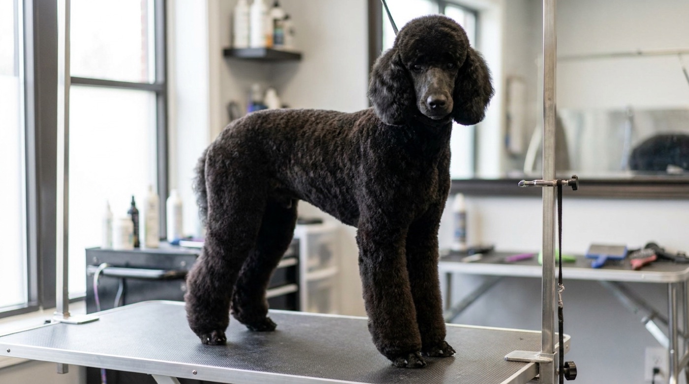 A black standard poodle freshly finished in a lamb clip standing on a grooming table in a professional salon