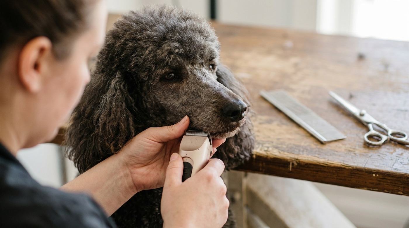 A groomer clipping the face of a calm standard poodle with a small clipper, a steel comb and scissors on the grooming table