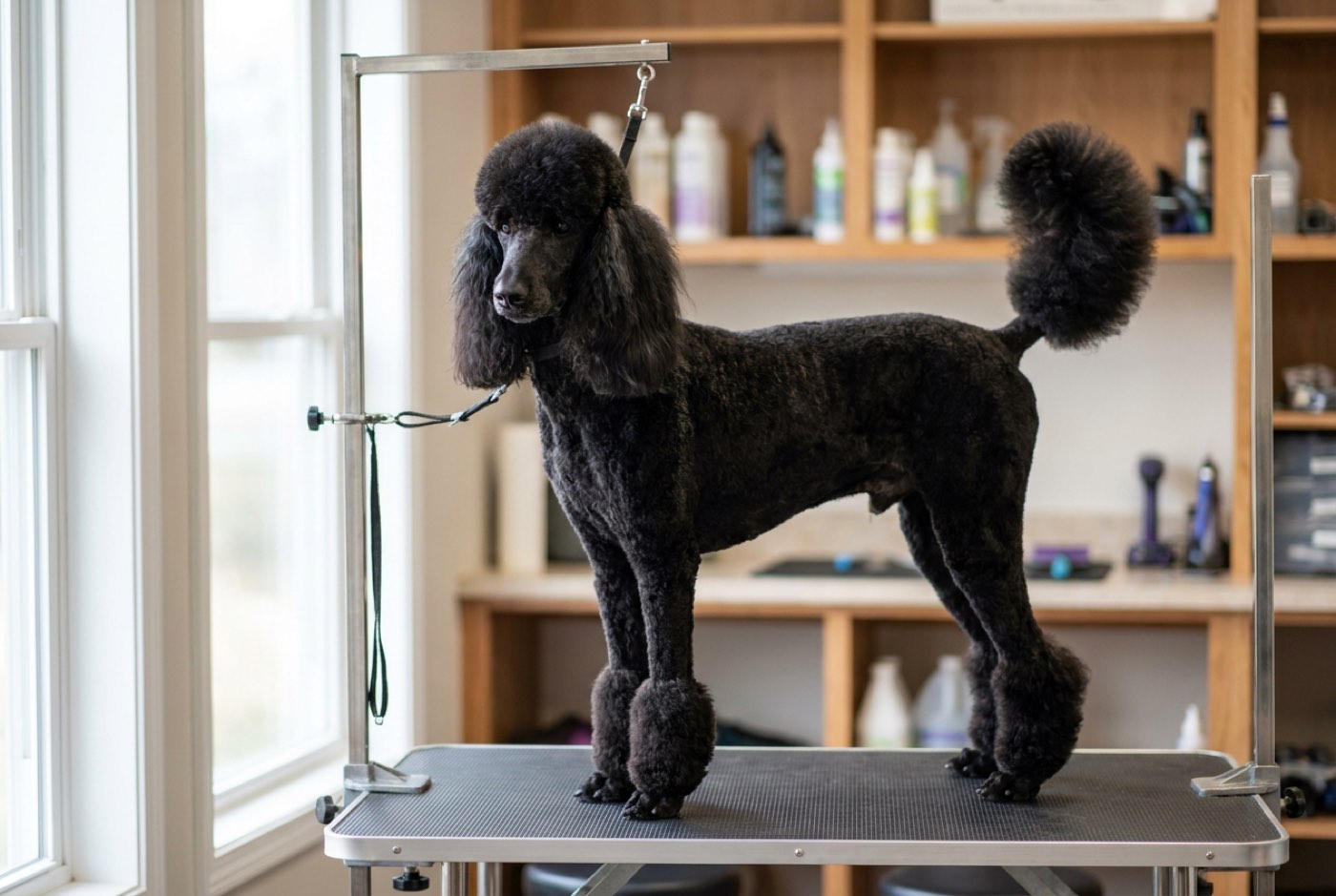 A black standard poodle in a summer clip, a short body and legs with full ears, a full topknot, a pompon tail and bracelets above the feet