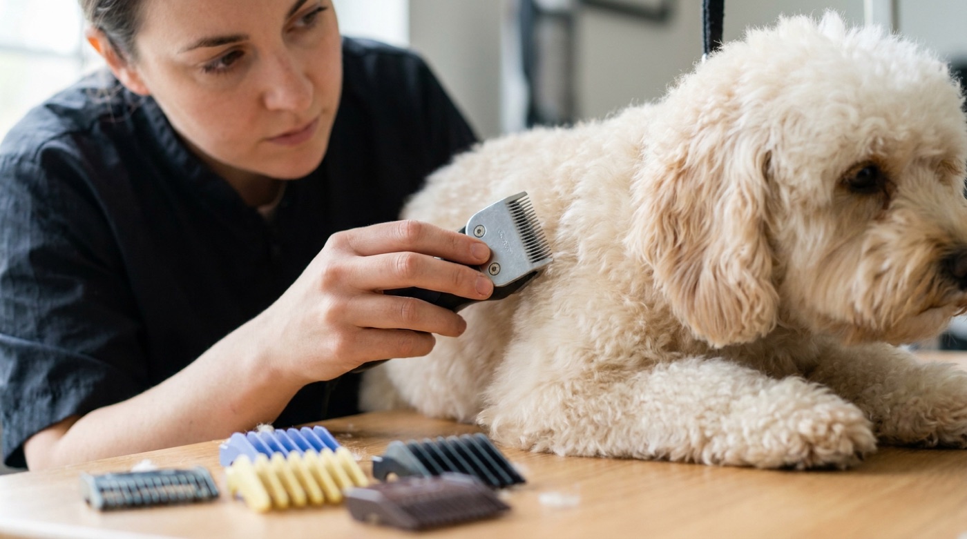 A groomer holding a snap on attachment comb against the coat of a small fluffy dog to check the finished length