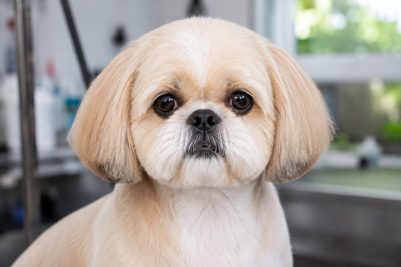 Close-up of a shih tzu with a short rounded face, the muzzle trimmed short and both eye corners completely clear of hair