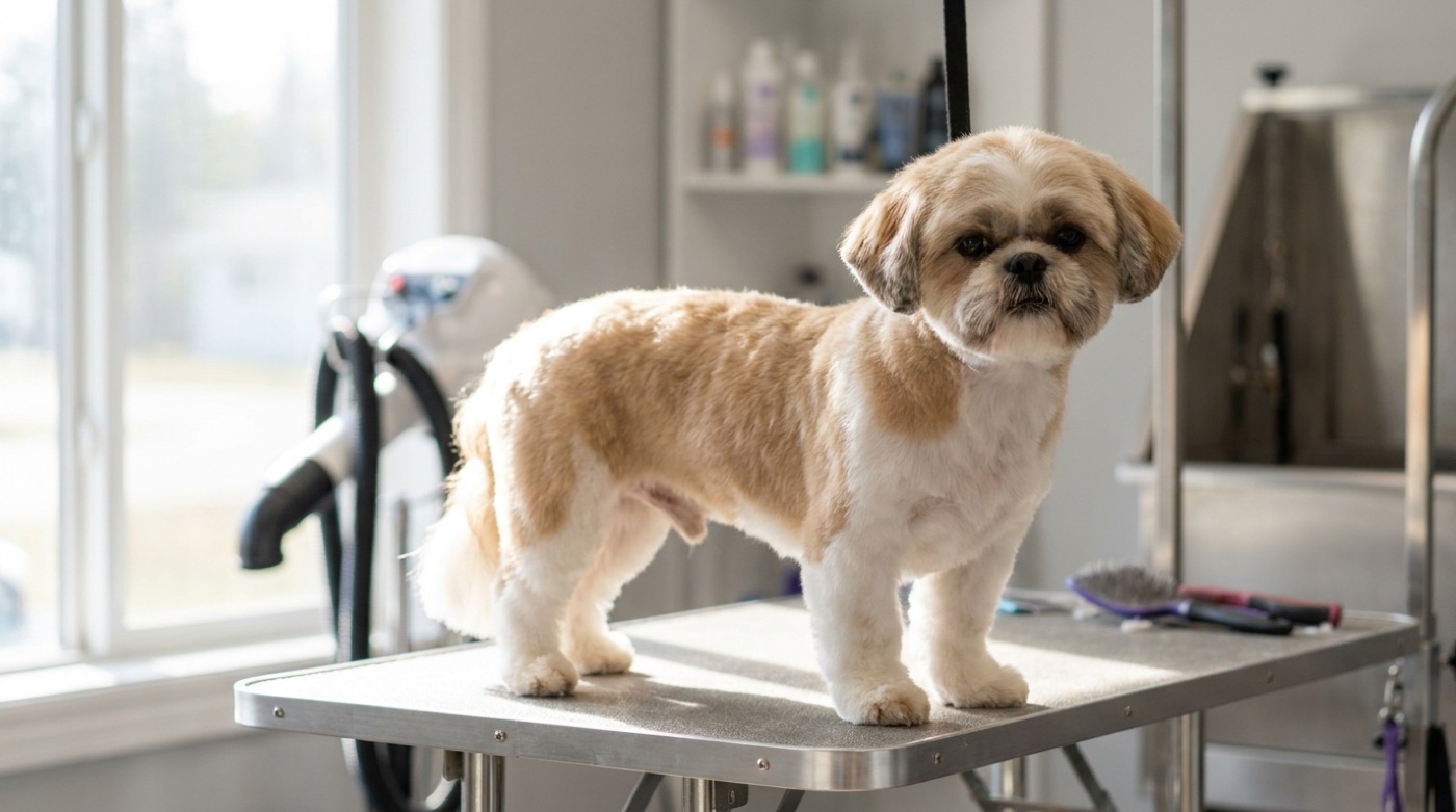 A shih tzu freshly finished in a short even puppy cut standing on a grooming table in a professional salon