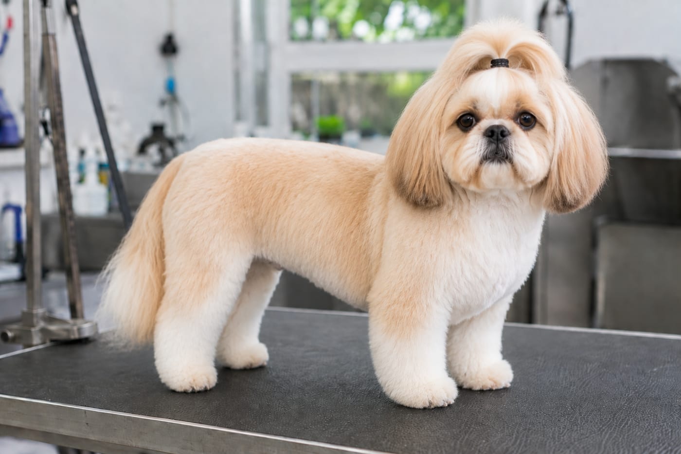 The same shih tzu in a practical pet trim, a short body coat with the crown hair gathered into one small banded topknot held clear of the eyes