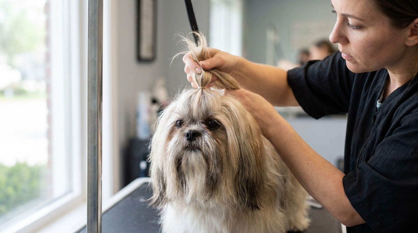 A groomer gathering the long head hair of a shih tzu into a topknot, the dog calm with its eyes clearly visible