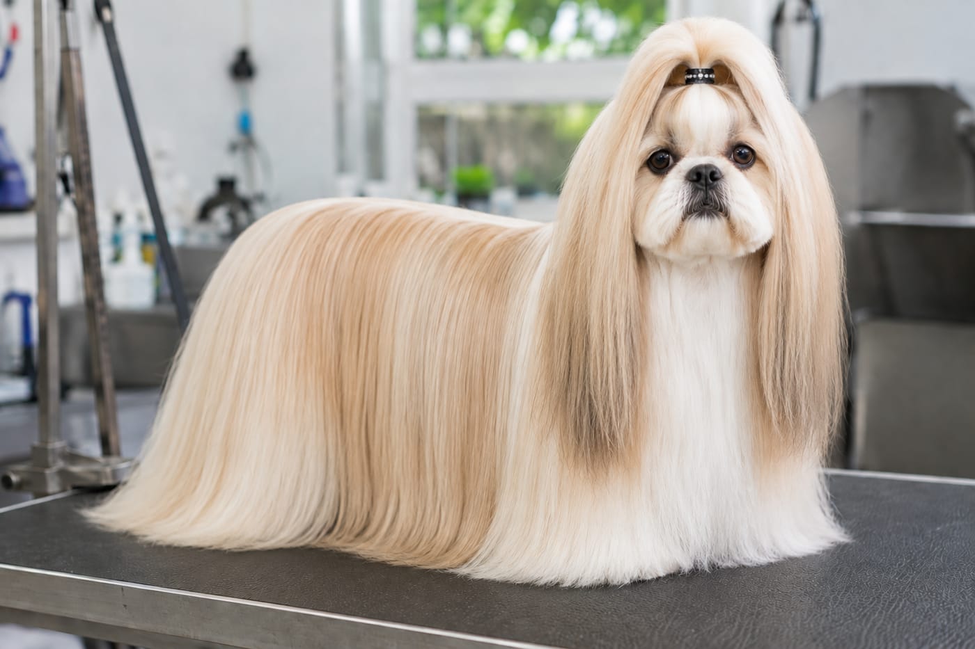 The same shih tzu in a full show coat, the coat falling to floor length and parted down the spine, with the head hair banded into a topknot