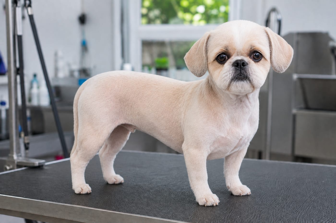 The same shih tzu in a smoothie, clipped to one even very short length over the body, legs and face