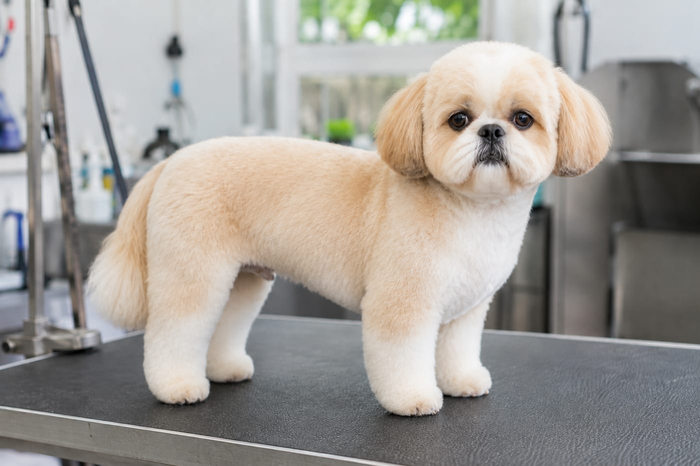 The same shih tzu in a teddy bear cut, about an inch of coat on the body with a rounded plush face, fuller cheeks and softly rounded ears