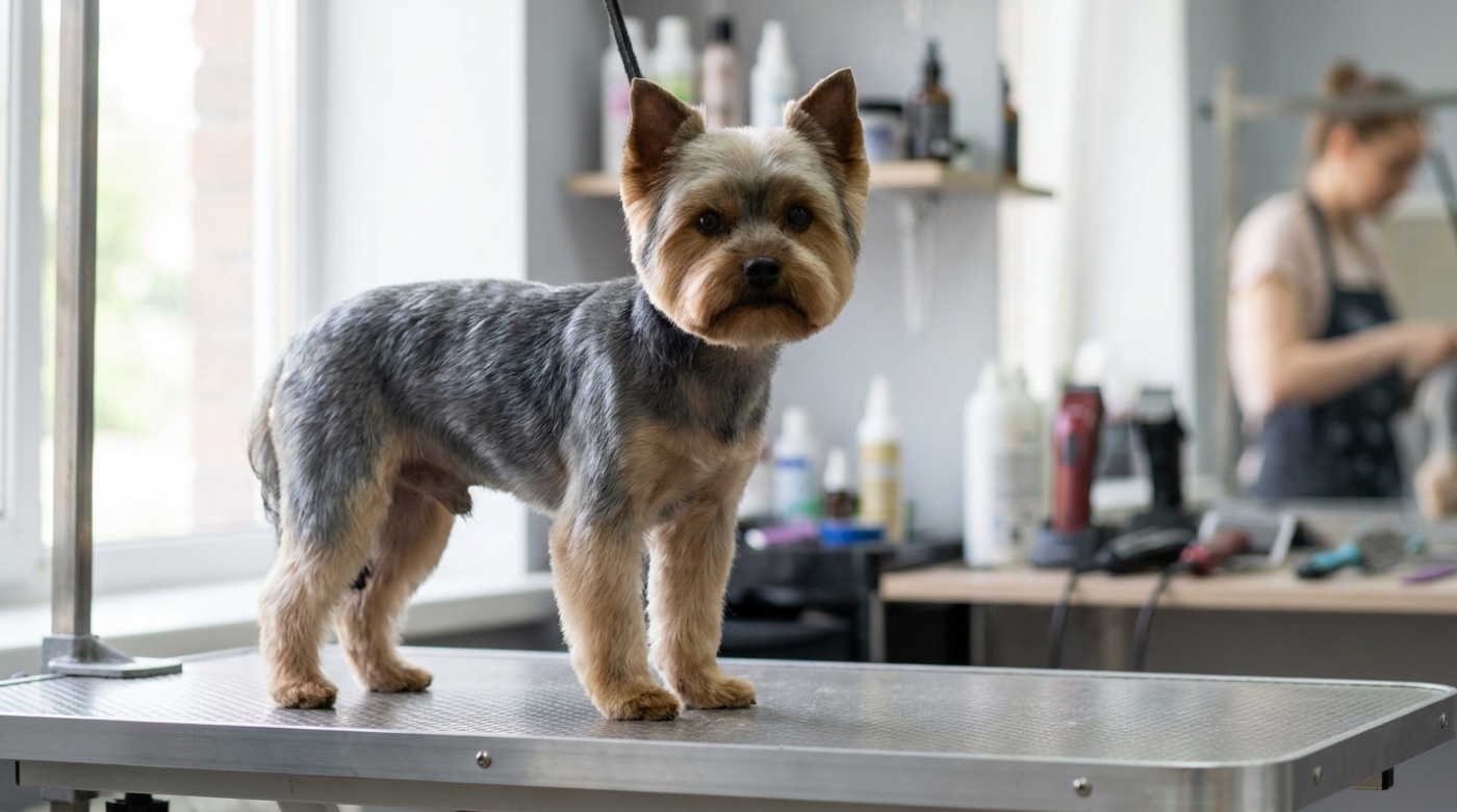 A yorkshire terrier freshly finished in a short even puppy cut standing on a grooming table in a professional salon