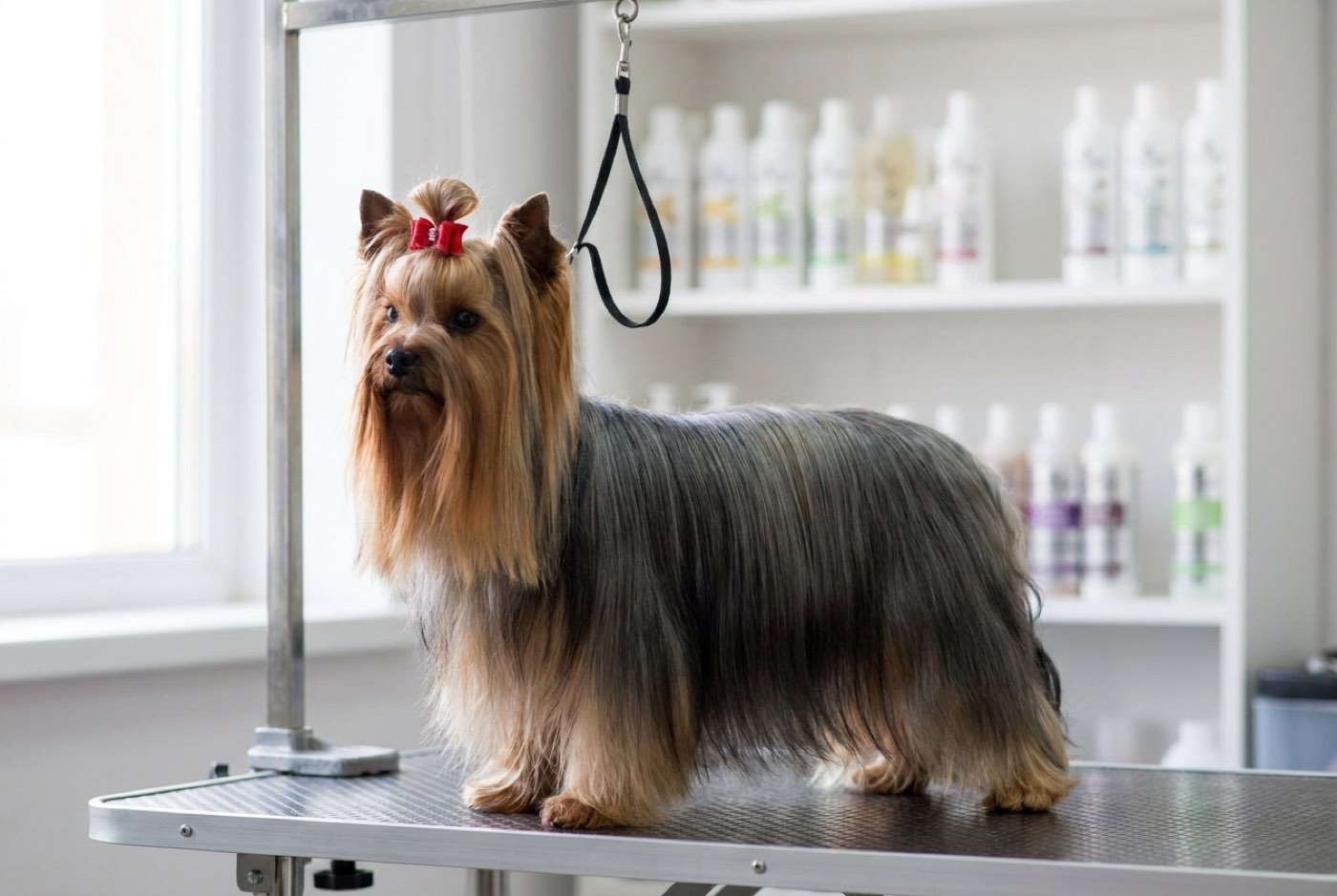 A yorkshire terrier in a full show coat, straight silky hair falling to the table on both sides and the head hair tied into a topknot with a red bow