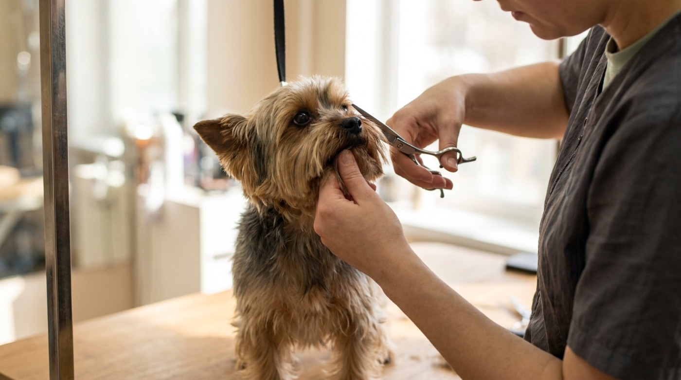 A groomer trimming the hair around the eyes of a small yorkshire terrier with rounded tip scissors